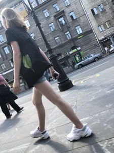 Candid Teen in Denim Shorts And Sneakers With Slim Legs Street Photos