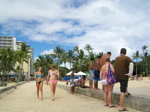 Sexy friends on vacation in pink and black bikinis with decent asses