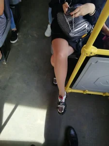 Cute Girl in Glasses and Pantyhose Bus Candid Photo