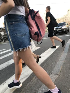 Girl in Denim Skirt with Hot Skinny Legs Street Candid