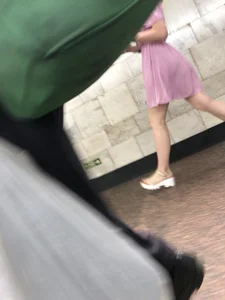 Girl in Sandals and Pink Dress with Hot Skinny Legs Subway Creepshots