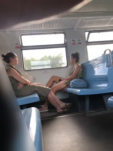 Cute Candid Teen Girl in Shorts Fell Asleep in a Public Train