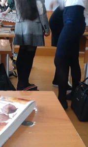 Candid College Girl’s Legs in Black Pantyhose In a Classroom Photo
