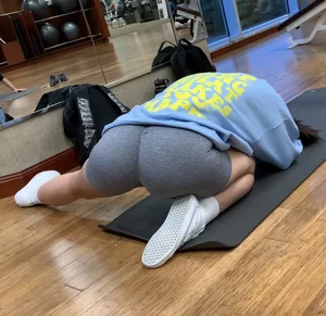 Innocent teen in see through orange spandex shorts, thick brunette in soft gray spandex shorts