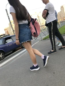 Girl in Denim Skirt with Hot Skinny Legs Street Candid