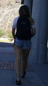 Blonde in cheeky jean short shorts! OC!