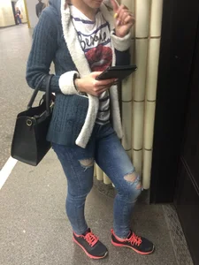 Skinny Girl in Torn Tight Jeans in the Subway Candid Closeup