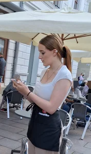 Pretty and slim waitress with big tits