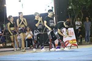 Bunch of athletic Thai cheerleaders at a competition