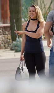 Thick fit blonde in leggings with a great ass and some cleavage