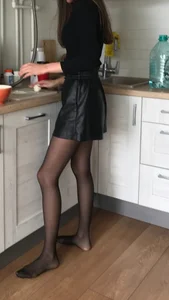 Barefoot Skinny Teen in a Leather Skirt And Black Pantyhose Cooking at the Kitchen, Home Creepshot