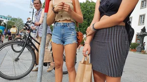 Hot Candid Girl in Jean Shorts And Top Street Photo