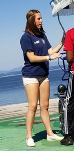 Bike rental girl in tan shorts with cute butt and great legs