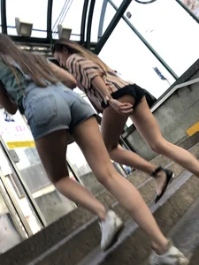 Cute Girls in Mini Shorts and Sexy Legs Walking Up the Stairs