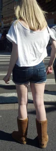 Cute Blonde in Denim Shorts and Boots With Very Pale Skin on Her Legs Street Crosswalk Creepshot