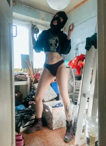 Girl in Balaklava and Panties Hot Legs and Stomach Selfie