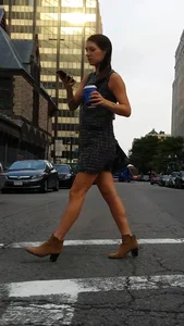 Cute office girl tan smooth legs blue cup of coffee