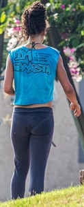 Sweaty girl working out in tight leggings with vpl