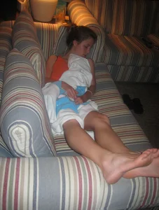 Barefoot Girl With Skinny Legs Asleep on a Couch Home Creepshot