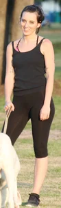 Hot brunette walking her dog in see thru leggings