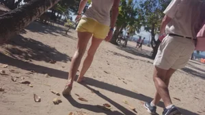 Milf in yellow shorts with vpl and a wedgie