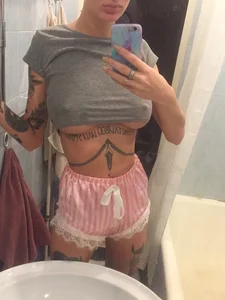 Slim Girl with Big Boobs with T-shirt Pulled Up and Hard Nipples Bathroom Mirror Selfie