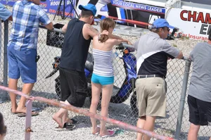 Skinny babe with a cute little ass in tiny blue shorts