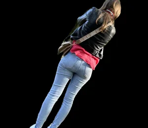 Hot skinny ass and lefs in tight blue jeans, street candid girl in a leather jacket creepshot