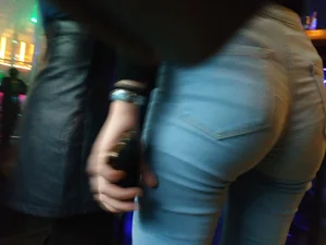 Perfect Sexy Ass in Blue Skinny Jeans Street Closeup Photos
