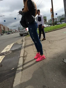 Hot Girl in Tight Blue Jeans And Bright Pink Sneakers on a Crosswalk Street Booty Creepshots Collection