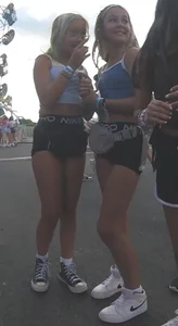 Cute teens wearing crop tops and shorts street pic