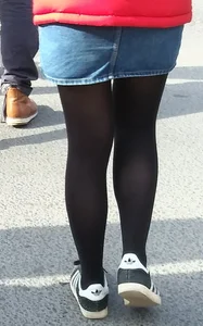 Girl out in denim skirt and tight stockings with nice legs