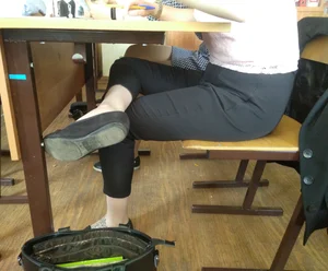 Crossed College Female Student’s Legs in Tight Pants in a Classroom Creepshot - Nice Thin Ankles