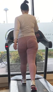 Girl on a Treadmill at a Gym - Chubby Ass In Pink Tights