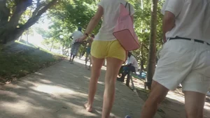 Milf in yellow shorts with vpl and a wedgie