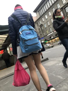 Girl With Skinny Legs in Pahtyhose and a Skirt Walking Down the Stairs Street Candid Gallery