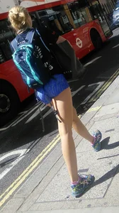 Blonde babe walking in blue spandex shorts