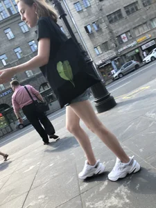 Candid Teen in Denim Shorts And Sneakers With Slim Legs Street Photos