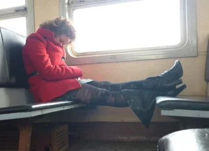 Sexy girls in skirts, stockings and upskirts on the train