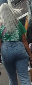 Blonde girl wearing blue jeans with a great ass street creepshots
