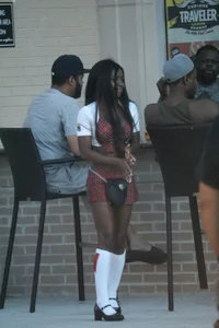 Sexy ebony Tilted Kilt employee in her uniform