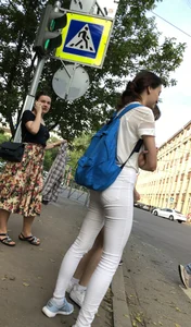 Girl with Hot Skinny Legs in Tight White Jeans at the Crosswalk Street Candid