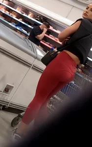 Sexy Slim Blonde Shopping in Red Leggings