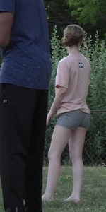 Nerdy blonde teen plays in tight short shorts