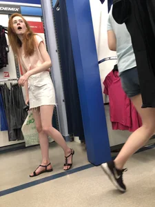 Redhead in Sandals and Skirt with Skinny Legs Candids