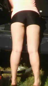 Chubby Legs And Booty in Spandex Shorts - Milf Bending Over Her Car Creepshots