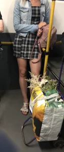 Cute Girl in a Dress and Denim Jacket with Sexy Legs in Sandals Bus Candid Gallery