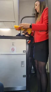 Cute stewardess in skirt, pantyhose and heels