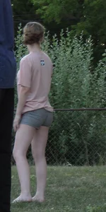 Nerdy blonde teen plays in tight short shorts