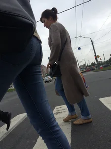 Sexy Little Booty And Long Skinny Legs in Tight Blue Jeans City Crosswalk Creepshots Collection